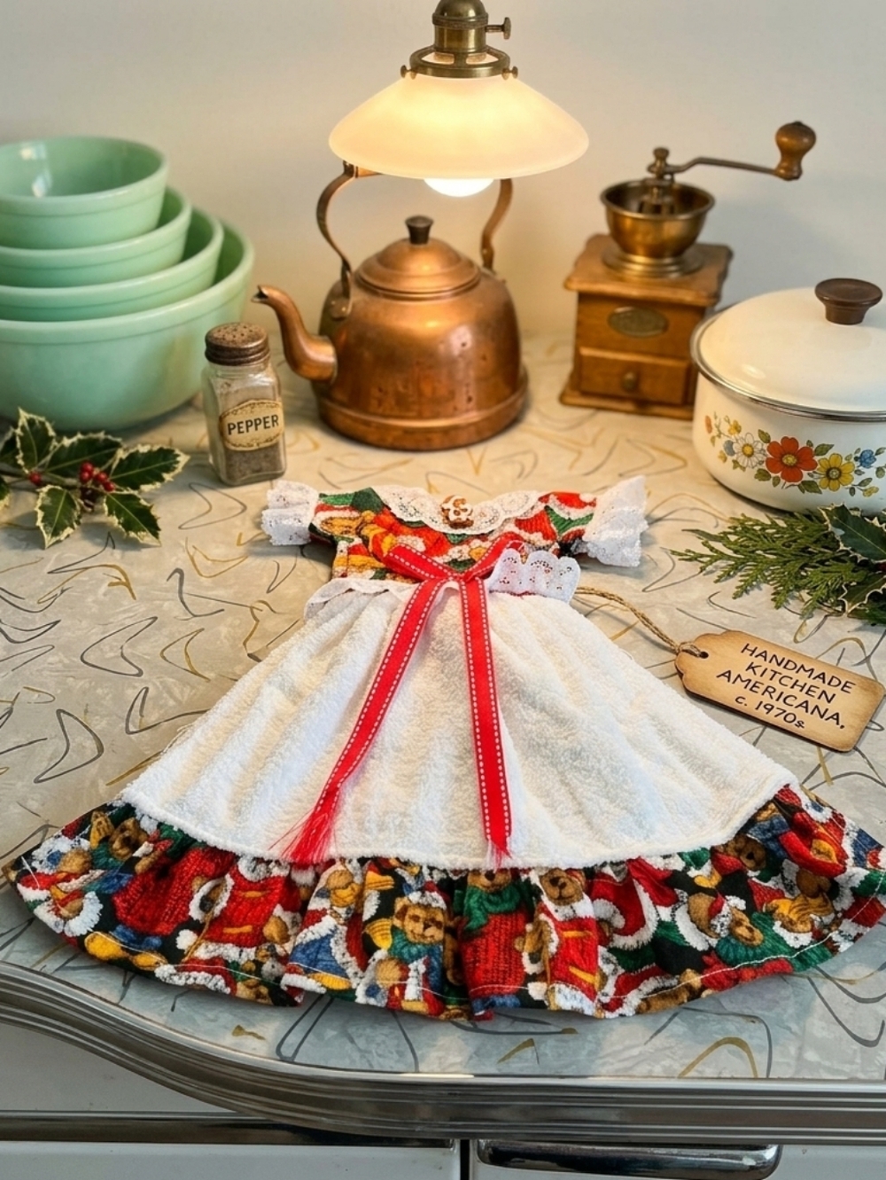 Vintage Stove Towel | Dress Style Kitchen Towel | Holiday Teddy Bear Print